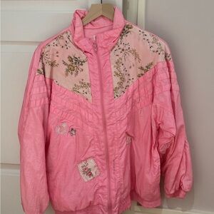 LoveShackFancy collab Floral Embroidered Pink Bomber Jacket